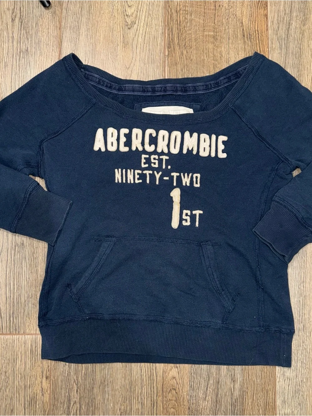 Abercrombie & Fitch Navy Off-the-Shoulder Sweatshirt Cream Chenille Logo